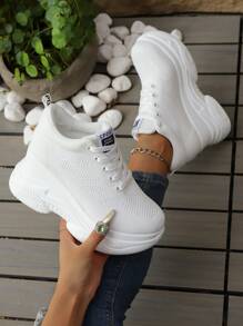2025 Best Selling Lace-Up Thick Sole Platform Wedge Knit Breathable Women Casual Sports Sneakers, Versatile All Season