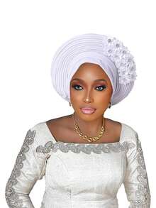 尼日利亚头带婚礼派对头饰优雅非洲头带头巾成品女士自动发带女式头巾 - 疊層黏花 - 查看 15