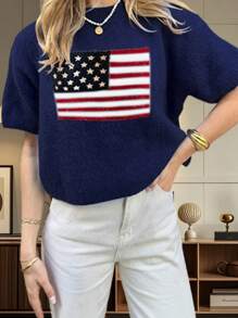 Women's American Flag Short-Sleeved Top Crew Neck Loose Knit Jumper Independence Day Jumper