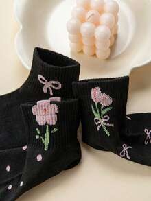 5 Paar Damen süße Schleifen & Blumen Muster Knöchelsocken, modisch & bequem für den täglichen Gebrauch, Sport, Lässig, geeignet für Frühling, Sommer, Herbst - Verschiedenfarbig - Übersicht 6