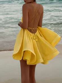 Sexy Backless A-Line Mini Dress, Butter Yellow Spaghetti Strap Dress, Suitable For Vacation, Back To School Party, Homecoming, Halloween Costumes #GalaNight