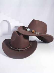 2 pièces Chapeau de cow-boy, chapeau de plage, chapeau Panama, chapeau de soleil, chapeau de cow-girl en feutre doux, fedora unisexe avec décoration de tête de bétail brodée, style bohème pour l'extérieur