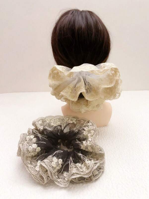 1pc Extra Large Double Layer Lace Embroidered Flower Hair Scrunchie, Vintage Style Hair Accessory For Women