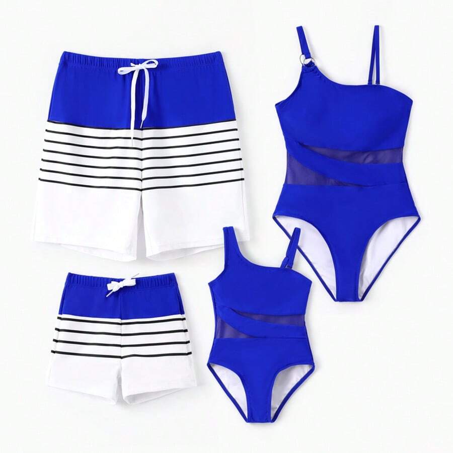 PP Family Matching Blue Drawstring Swim Trunks Or Blue One-Piece Strappy Swimsuit - Màu xanh lam - Xem 1