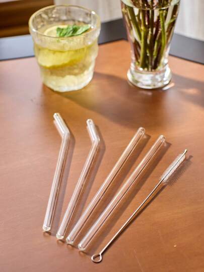 Cirelle Conjunto (4 canudos + 1 escova) Canudos de Vidro Transparente de Borossilicato Alta Resistência ao Calor, Lavável e Reutilizável para Bebida de Frutas, Cozinha, Presente de Natal