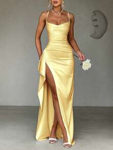 Elegant Sexy Satin Strapless Off Shoulder Frill Trim Waist Party Dress, Bridesmaid Gown, Formal Ball Gown - Gold - View 1