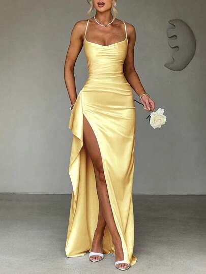 Elisanya Abito sexy con spalline a spaghetti, con volant e spacco