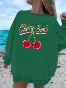 Sudadera de moda para mujer con estampado de cerezas rojas "Cherry Bomb" - Verde - Ver 1