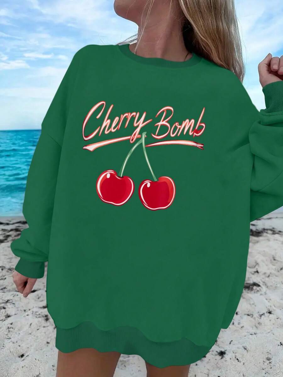 Sudadera de moda para mujer con estampado de cerezas rojas "Cherry Bomb" - Verde - Ver 1