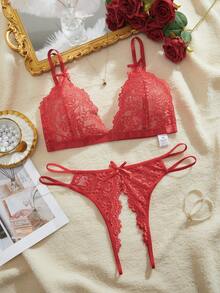 2pcs Plus Size Women Lace Bra And Panty Set With Hollow Bow Decor - Red - View 4