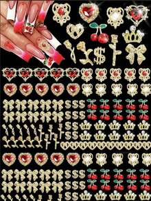 48 Pcs 3D Gold Nail Charms Y2K Bulk Nail Art Decor Set Nail Charms And Gems Including Heart Rhinestones For Nails, Cherries, Dollars, Roses, Crowns, And More For Nail Art Decoration Jewelry - Nhiều màu - Xem 2