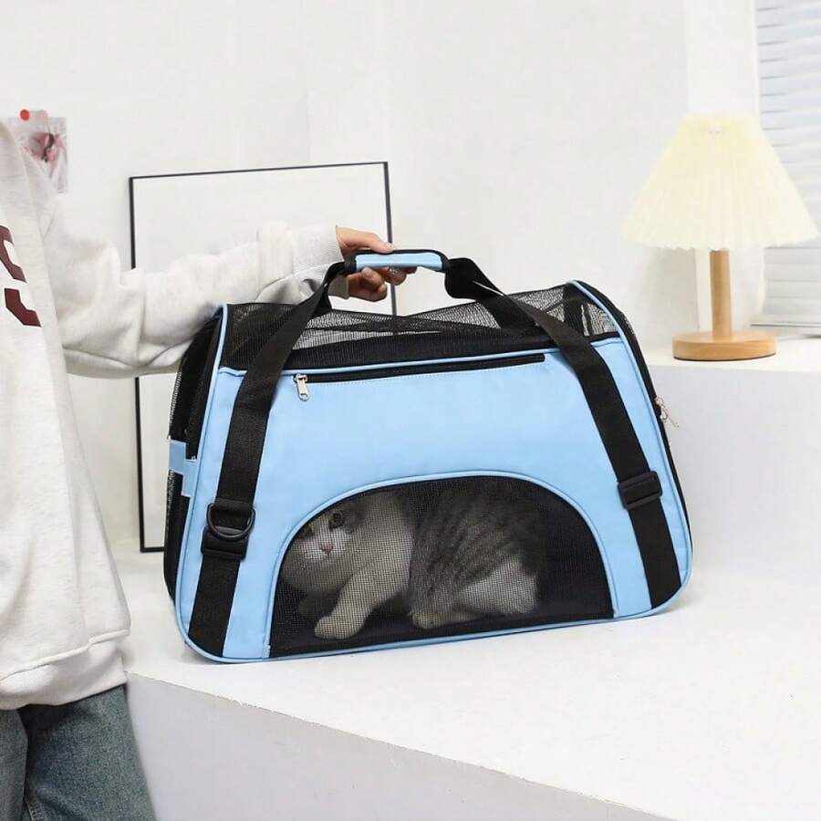 1 pieza Bolsa portátil para mascotas, diseño de asa y correa cruzada, apta para perros y gatos pequeños, para uso en viajes al aire libre - Azul - Ver 1