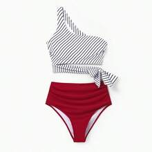 Trajes de baño a juego para la familia, bikini de un hombro a rayas rojas o bañador de bloques de color a juego, ropa de playa a juego para verano, crucero, vacaciones - Rojo - Ver 3