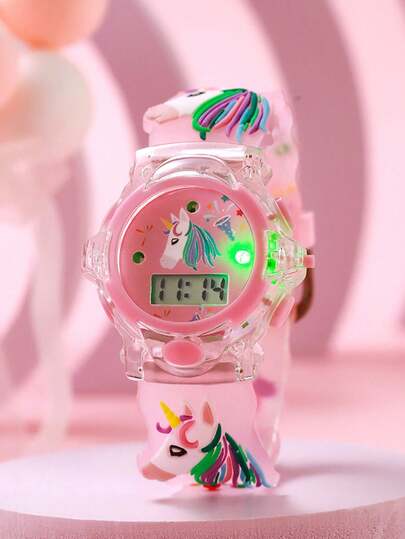 1 件儿童可爱 3D 独角兽印花硅胶表带石英手表，适合生日礼物、光棍节、万圣节礼物