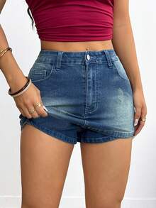 牛仔裙女春季韩版百搭A字裙中腰显瘦休闲短裙裤子 - 藍色 - 查看 1