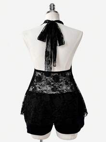 Women's Asymmetrical A-Line Lace Hollow Sheer Spider Decor Punk Retro Street Style Camisole Top, Spring/Summer - Black - View 2