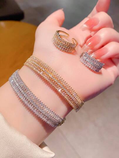 طقم مجوهرات خاتم نجمة مفتوح ذو الزركونيا التشيكية وسوار ، هدية أنيقة للصديقة ، اكسسوار الحفلات