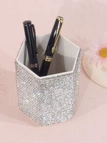 1pc White Luxurious Crystal-Inlaid Desk Pen Holder, Creative Ceramic Rhinestone Makeup Brush Holder, Fashion Cosmetic Organizer Storage