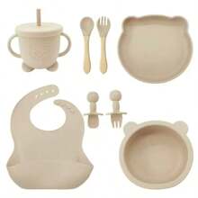 Set di alimentazione per bebè in silicone da 8 pezzi/6 pezzi/5 pezzi/4 pezzi/3 pezzi con piatto diviso con ventosa, prodotti per lo svezzamento, set di piatti per l'alimentazione autonoma di bebè/bambini piccoli con cucchiaio, forchetta, tazza con beccuccio, bavaglino regolabile, stoviglie per bebè