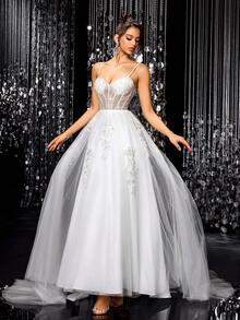 Vestidos de noiva elegantes com bordados em malha LVNES, com miçangas e lantejoulas, sem mangas e corte A - Branco - Ver 4