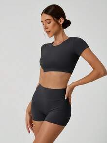 NcmRyu Women's Sexy Fitted Stretchy Short Sleeve Shorts Sports Set - màu đen - Xem 6