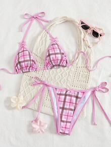 Women's Sexy Plaid Print Bow Tie Halter Bikini Set, Beach Vacation Swimsuit - Multicolor - View 2