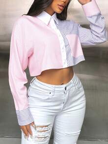 Camisa informal de cintura alta con rayas en el ombligo y bolsillos delanteros con botones para uso diario para mujer - Rosa - Ver 2