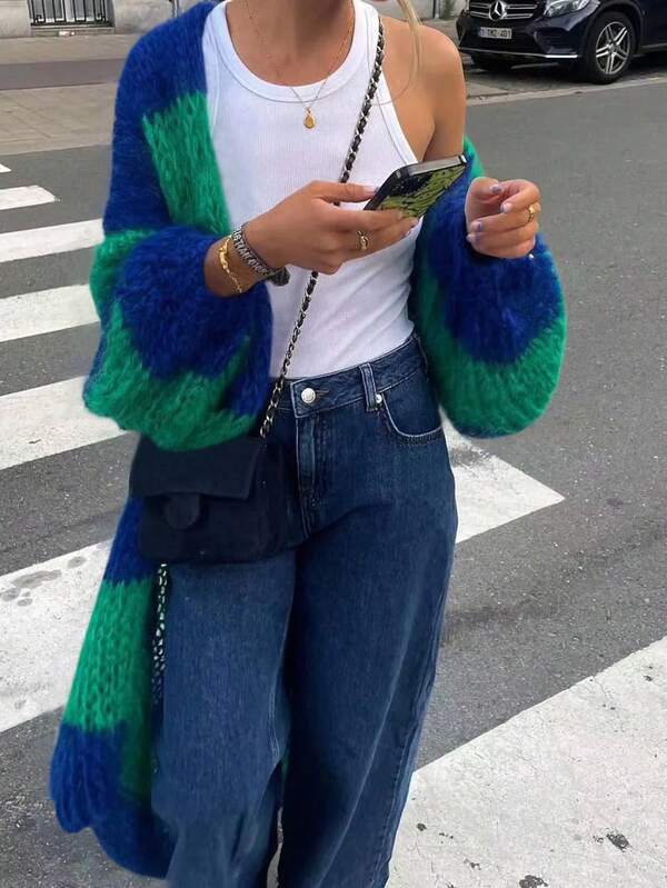 Women's Striped Knit Ribbed Cardigan, Daily Wear, Autumn/Winter