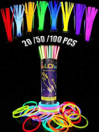 Set van 10/50/100 stuks 8-inch party glow sticks, superheldere glow sticks, hoge kwaliteit, gloeit 8 tot 12 uur, kan zelf armbanden, kettingen, enz. maken, kleurrijke glow stick voor bruiloften, geschikt voor feesten, bars, nachtclubs, glow stick, glow party benodigdheden, glow in the dark, cadeaus, feestverlichting benodigdheden, nieuwjaarscadeaus, feestdecoratie