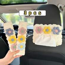 Capa para caixa de lenços de papel floral com 3 peças, suporte para lenços de papel pendurado no encosto do banco do carro em poliéster, protetor de cinto e ombro, decoração de interiores, acessório para veículos