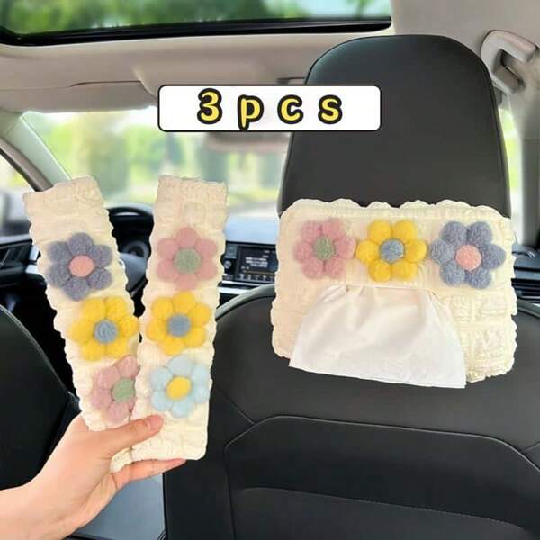 Capa para caixa de lenços de papel floral com 3 peças, suporte para lenços de papel pendurado no encosto do banco do carro em poliéster, protetor de ombro para cinto de segurança, decoração de interiores, acessório para veículos