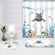 4 Pcs Funny Cat Shower Curtain Set With Rug Teal Blue Sea Ocean Bathroom Sets With Waterproof Fabric Shower Curtain And Non-Slip Rugs Toilet Lid Cover Bath Mat Decor With Hooks - Black - View 11