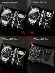 4 件套男士时尚套装：带日历的休闲石英表、银色吊坠项链、戒指和手链 - 送给他的完美礼物