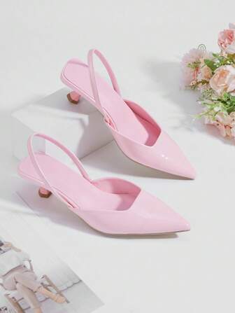 女士纯色亮面漆皮小猫跟鞋，优雅尖头高跟鞋，时尚踝带礼服鞋，适合正式场合、婚礼等。