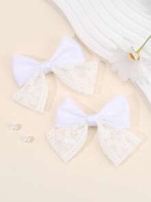 2 件女孩花朵蕾丝发饰优雅白米色蝴蝶结鳄鱼夹婚礼度假蕾丝发夹可爱甜美女孩辫子蝴蝶结发夹儿童发饰 - 彩色 - 查看 11