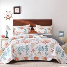 3 Pcs Coastal Bed Quilt Set Queen/King Size - Dark Blue Summer Nautical Beach Theme Quilted Blanket Thin Reversible Microfiber Bedding Lightweight Soft Bedspread Coverlet Sets For All Season, Room Decor (1 Quilt, 2 Pillow Shams)
