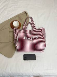 1 bolsa feminina da moda, bolsa de ombro, bolsa retangular de grande capacidade, estampa de letras listradas, material de lona resistente a arranhões e durável, adequada para compras, encontros, festas, deslocamento para o trabalho, bolsa vermelha casual elegante e prática
