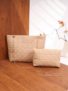 Fashion Women's Handbag Set, Includes Rhombus Quilted Tote Bag And Crossbody Bag, Stylish And Versatile Women Bag Set - Khaki - View 4