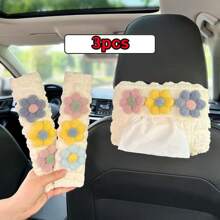 Capa para caixa de lenços de papel floral com 3 peças, suporte para lenços de papel pendurado no encosto do banco do carro em poliéster, protetor de cinto e ombro, decoração de interiores, acessório para veículos