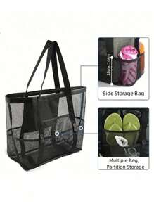 Large Capacity Waterproof Beach Bag, Lightweight Collapsible Beach Bag, Portable Travel Bag, Mesh Beach Bag Swim Tote Bag, Multifunctional Shoulder Shopping Bag Handheld Beach Mesh Hollow Out Bag Hollow Bag, Summer Beach Toy Storage Bag, Bath Swimming Large Capacity Storage Bags, Bathroom Bag & Shoulder Handbag For Travel Vacation Beach Cruise Essentials