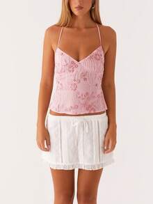 Women Y2K Backless Camisole, Fairycore Beaded Flower Embroidered Top Sleeveless Crop Tops V-Neck Slim Back Tie-Up Tank Tops Summer Sexy Halter Tops For Party Club Aesthetic Clothes - 粉色 - 查看 5