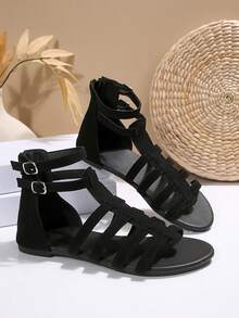 صنادل شاطئية بسيطة ذات لون أحادي وقفل خلفي وسحاب، موضة صيفية عصرية لعام 2025، صنادل صيفية كاجوال للنساء بنقشات مضفرة