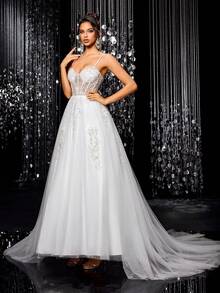 Vestidos de noiva elegantes com bordados em malha LVNES, com miçangas e lantejoulas, sem mangas e corte A - Branco - Ver 1