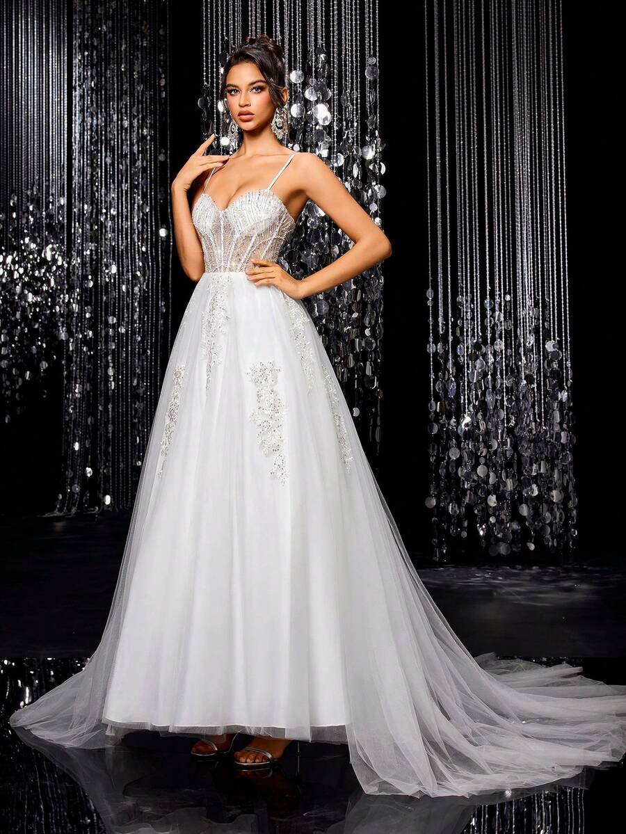 Vestidos de noiva elegantes com bordados em malha LVNES, com miçangas e lantejoulas, sem mangas e corte A - Branco - Ver 1