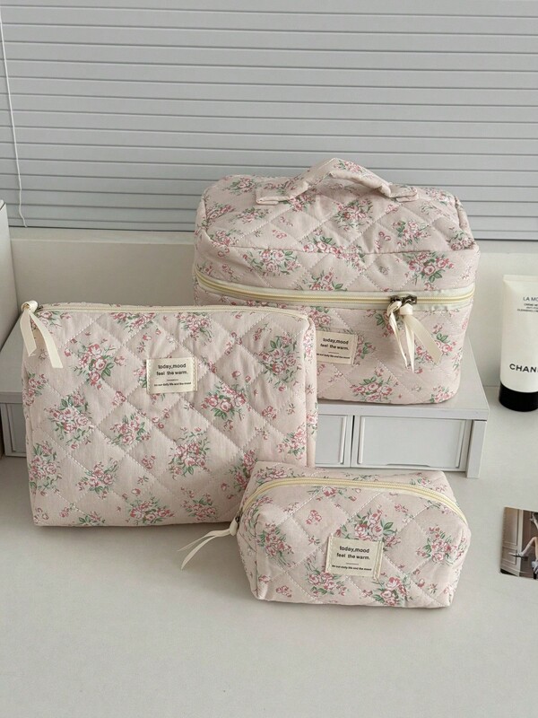 1 Pc Spring Pink Floral Makeup Bag For Women Travel Large Cosmetic Organizer Bag,For Holiday Beach, Bathroom Collection, Bedroom Collection, Large Capacity