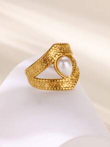 1 PC Cute Faux Pearl Evil Eye Open Rings For Women Stainless Steel Gold Color Finger Ring 2025 New Fashion Wedding Couple Jewelry Gift