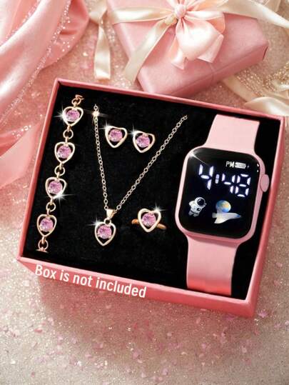 6pcs/Set Cute And Casual LED Space Element Digital Display Electronic Watch For Girls, Silicone Strap, Equipped With Jewelry Bracelet, Necklace, Ring, Earring Set, Suitable For Gift Giving, School, Graduation Ceremony And Other Occasions, Suitable For Students, Perfect For Daily Life Such As Returning To School, Parties And Travel, Birthday Gifts, Graduation Season, Perfect Gift For Girls