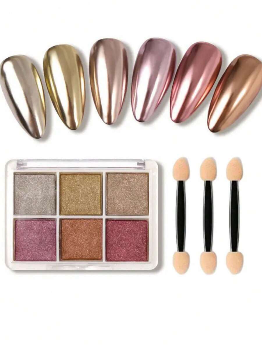 6pcs Nail Polish Set, Includes Holographic Aurora And Pearlescent Mermaid Powder, Mirror Effect Glitter, Suitable For Nail Art Decoration, Comes With Application Tools - 彩色 - 查看 1