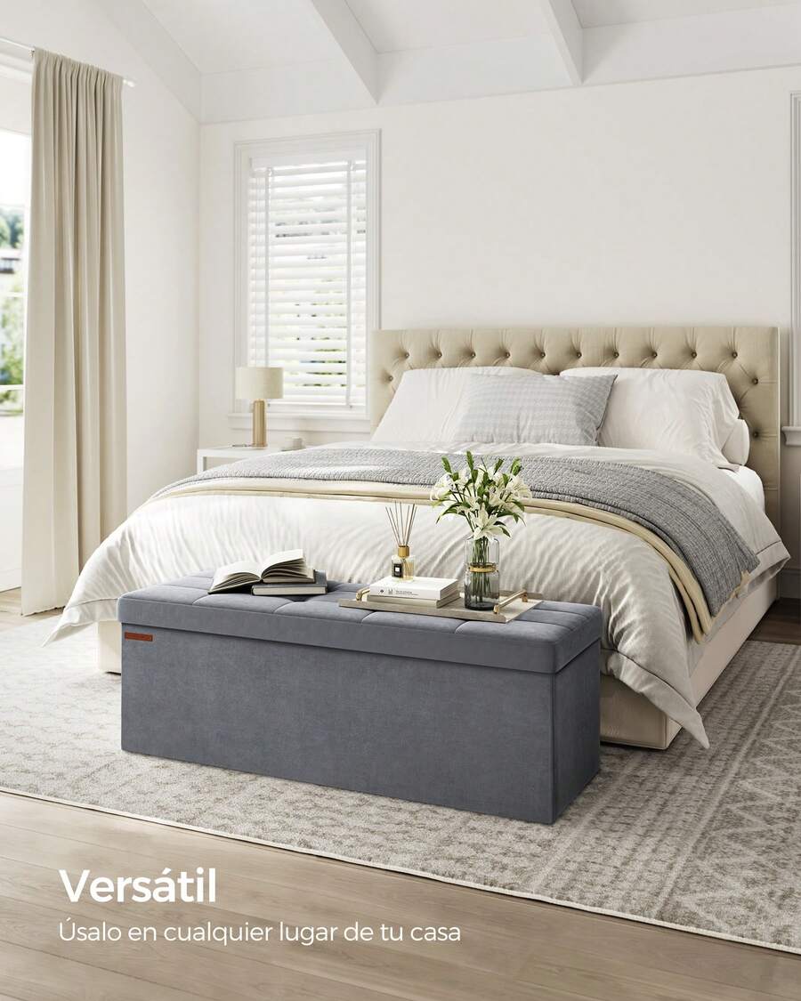 Puff Almacenaje, Baúl de Almacenaje Plegable, 38 x 110 x 38 cm, Taburete Reposapiés, Banco de Cubo, Soporta hasta 300 kg, para Sala de Estar, Dormitorio, Entrada, Gris Pizarra - Gris Oscuro - Ver 1