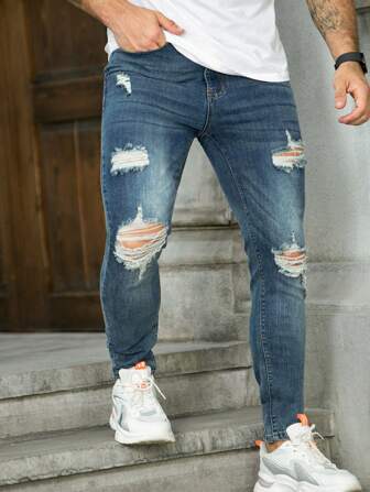 Jeans en denim déchiré et lavé pour hommes, design décontracté à la mode, stretch et confortable, coupe slim